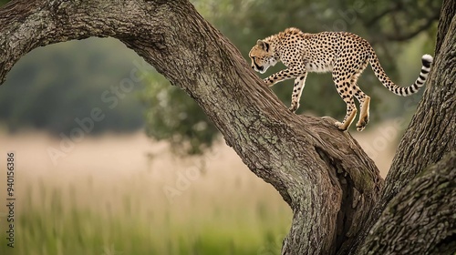 Cheetah walks down twisted tree in savannah which brings forward