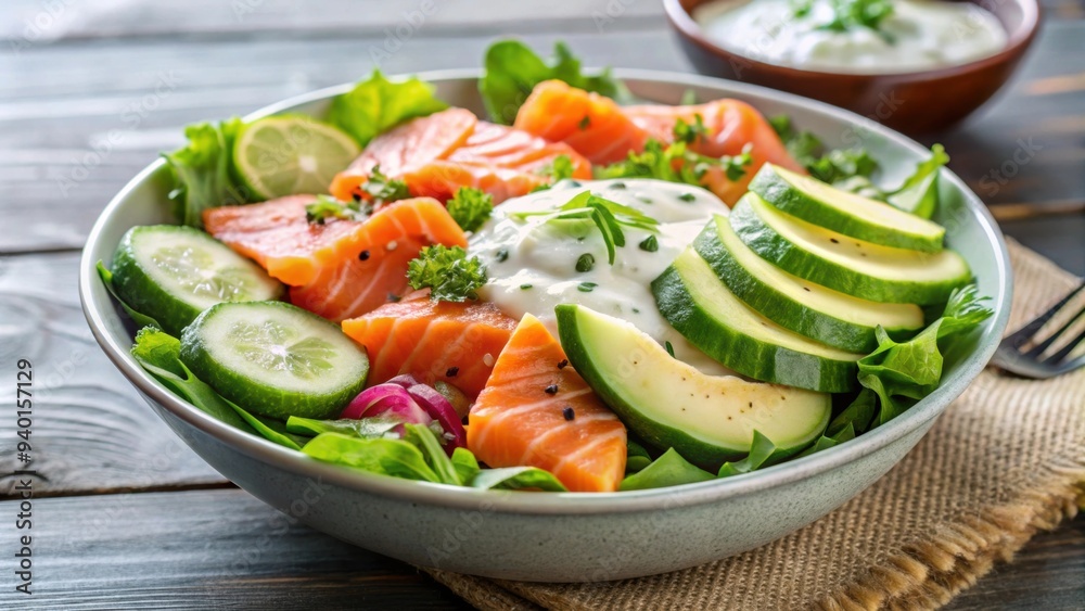 Fresh salad bowl with smoked salmon slices, tangy tartar sauce, creamy avocado, and grilled fish, salad, salmon, tartar Fresh salad bowl with smoked salmon slices, tangy tartar sauce, creamy avocado, and grilled fish, salad, salmon, tartar