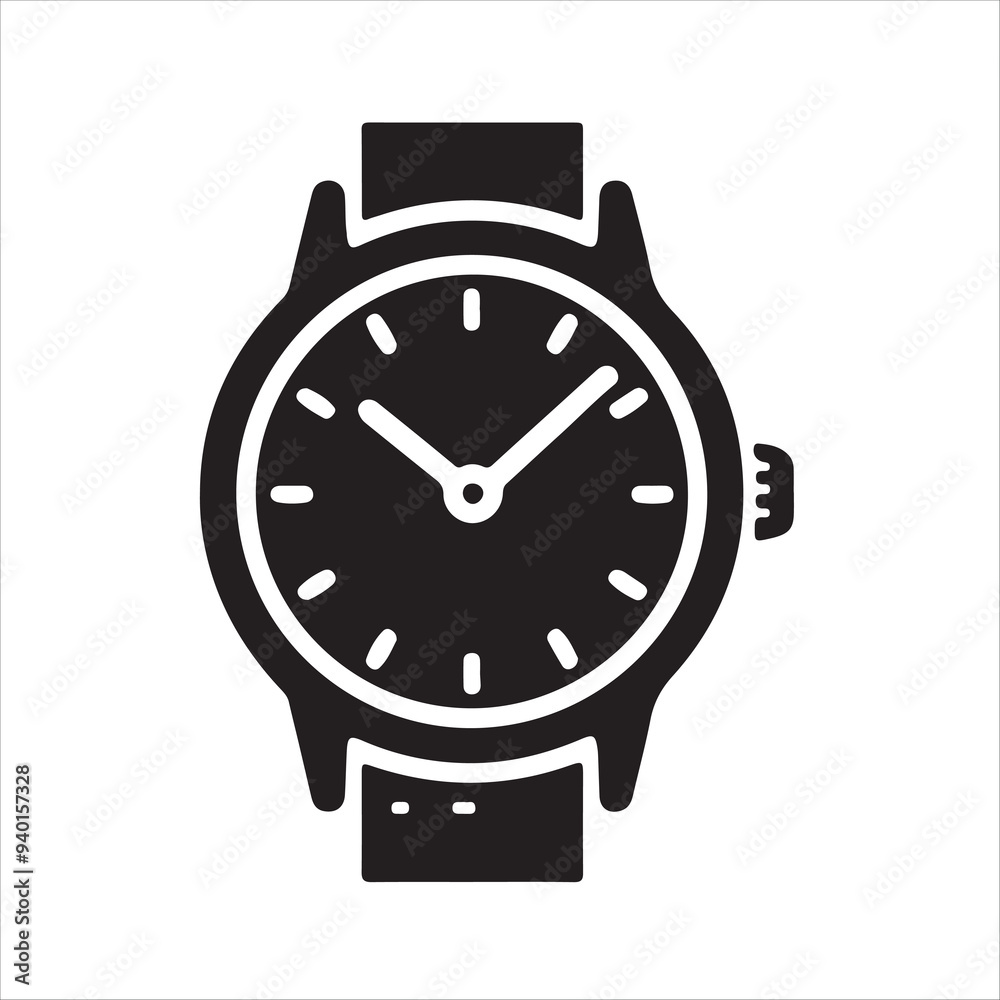 Hand watch with bracelet. Modern and classic accessory for men and women icon silhouette vector style with white background Hand watch with bracelet. Modern and classic accessory for men and women icon silhouette vector style with white background