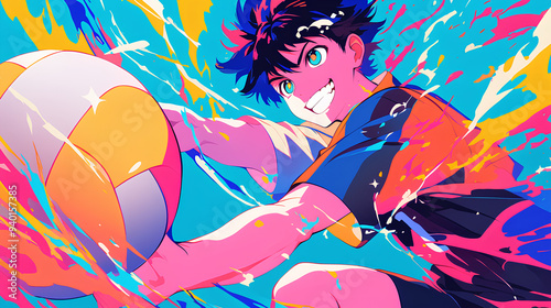 a boy playing volleyball, anime style, cute kawaii, simple, smiling happy, neon psychedelic background