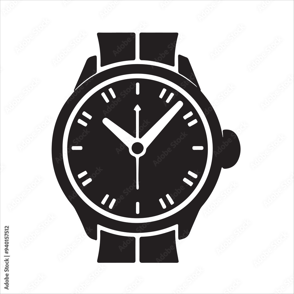 Hand watch with bracelet. Modern and classic accessory for men and women icon silhouette vector style with white background Hand watch with bracelet. Modern and classic accessory for men and women icon silhouette vector style with white background