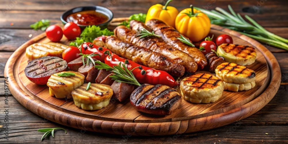 Fototapeta premium Close-up of a delicious assortment of grilled delights on a wooden platter , Grilled, Food, BBQ, Summer, Meal, Cooking