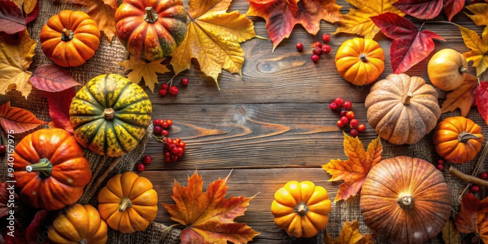 Fototapeta premium Autumn concept wallpaper featuring colorful leaves, pumpkins, and a cozy fall atmosphere, autumn, concept, wallpaper, leaves