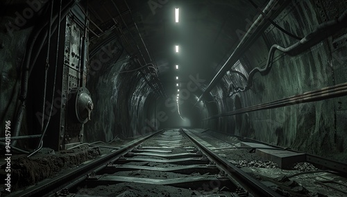A long dark underground tunnel with train tracks, cinematic