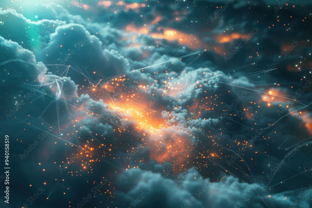 Futuristic glowing clouds and data network Futuristic glowing clouds and data network