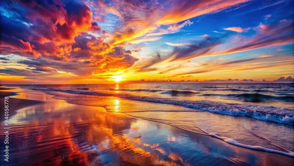 Sunset on the beach with vibrant colors reflecting on the water , scenic, ocean, tropical, tranquil, horizon, dusk Sunset on the beach with vibrant colors reflecting on the water , scenic, ocean, tropical, tranquil, horizon, dusk