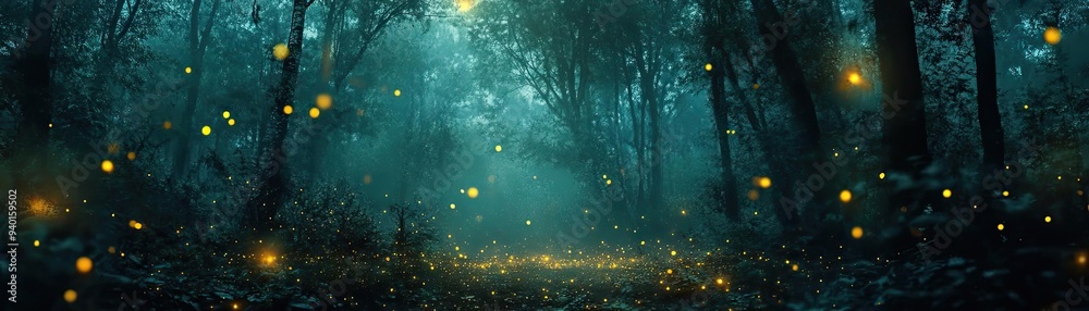 Enchanted forest scene illuminated by magical fireflies in the twilight, creating a serene and mystical atmosphere.