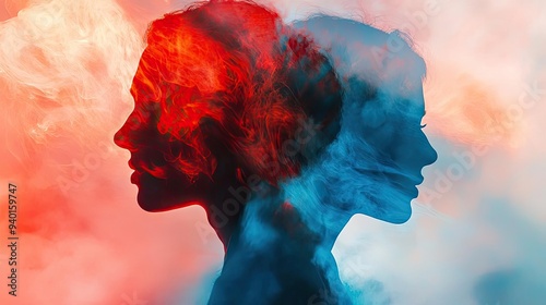 Silhouettes of two women interwoven with colorful smoke create a striking visual of duality and emotional expression.
