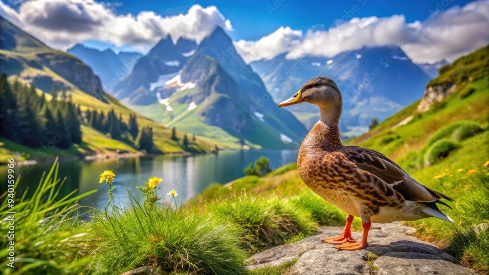 Duck wandering in the scenic mountains , wildlife, nature, bird, mountain, wilderness, outdoor, hiking, adventure