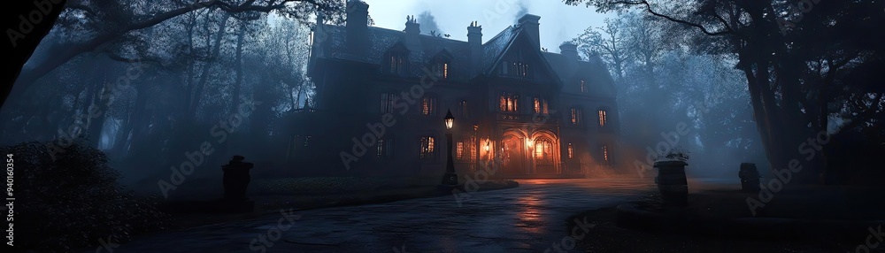 A mysterious mansion illuminated by warm light amidst a foggy evening, creating an eerie yet captivating atmosphere. A mysterious mansion illuminated by warm light amidst a foggy evening, creating an eerie yet captivating atmosphere.