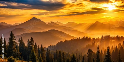 Sunset over the majestic mountains, with golden hues and silhouettes of trees, sunset, mountains, landscape, nature, sky