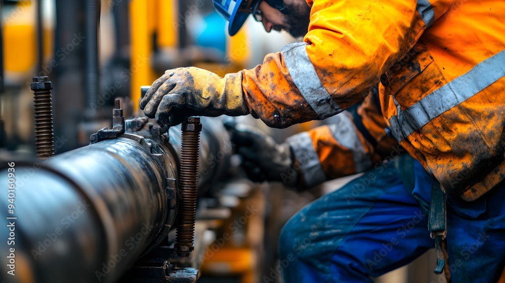Close-up of a construction worker tightening bolts on a scaffold while a pipeline is being lowered into place in the background, highlighting precision and attention to safety Close-up of a construction worker tightening bolts on a scaffold while a pipeline is being lowered into place in the background, highlighting precision and attention to safety