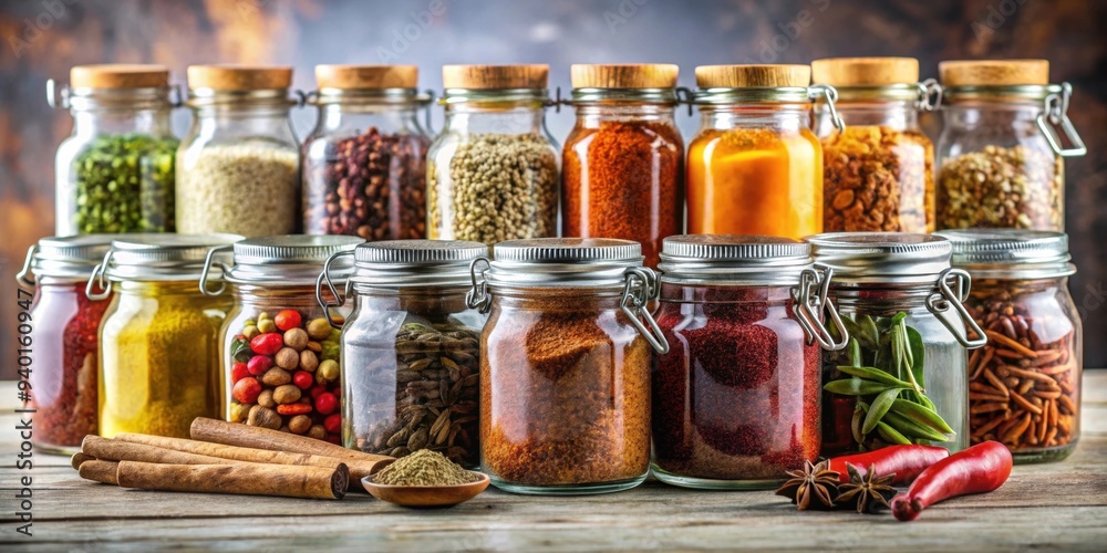 Various jars filled with spices and condiments in a kitchen , Spices, condiments, jars, kitchen, cooking, seasoning Various jars filled with spices and condiments in a kitchen , Spices, condiments, jars, kitchen, cooking, seasoning