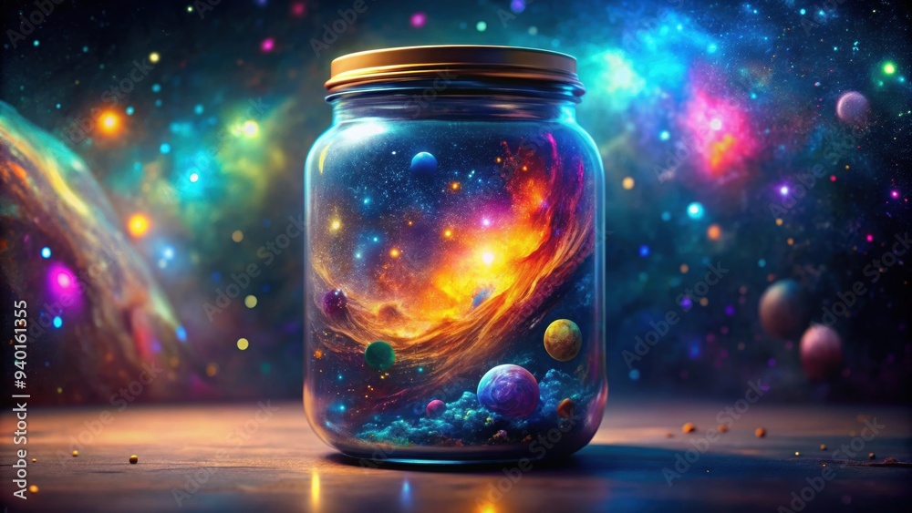A miniature universe contained in a glass jar with vibrant colors and swirling galaxies, astronomy, space, science, planets A miniature universe contained in a glass jar with vibrant colors and swirling galaxies, astronomy, space, science, planets