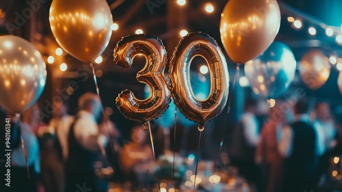 An elegant 30th birthday celebration featuring a bunch of sparkling balloons with bokeh lights in the background, creating a festive and luxurious atmosphere. photo