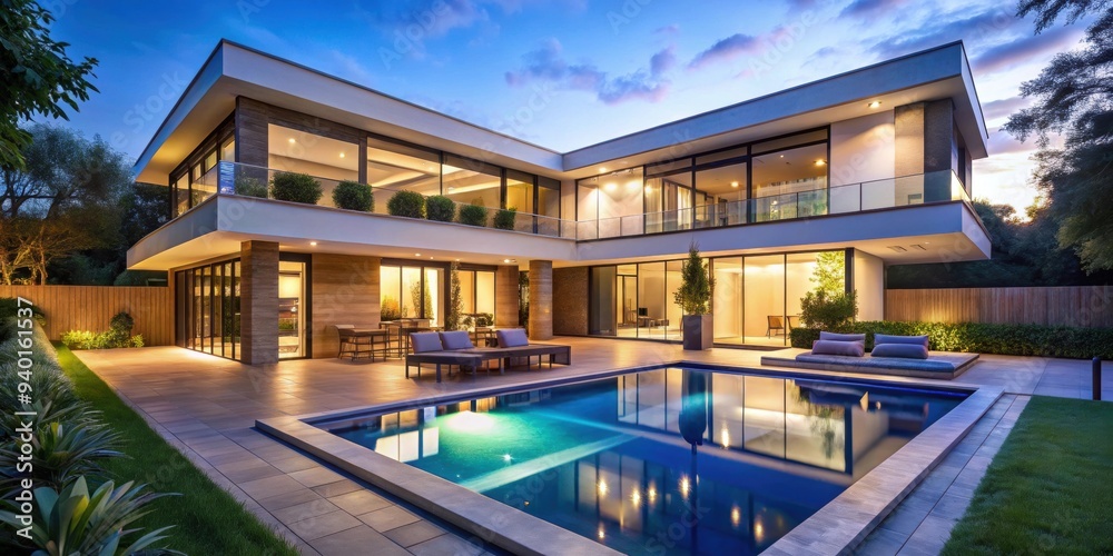 Fototapeta premium Modern mansion with a pool and garden illuminated at dusk, luxury, contemporary, architecture, home, exterior, swimming pool