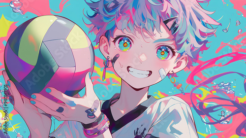 a boy playing volleyball, anime style, cute kawaii, simple, smiling happy, neon psychedelic background