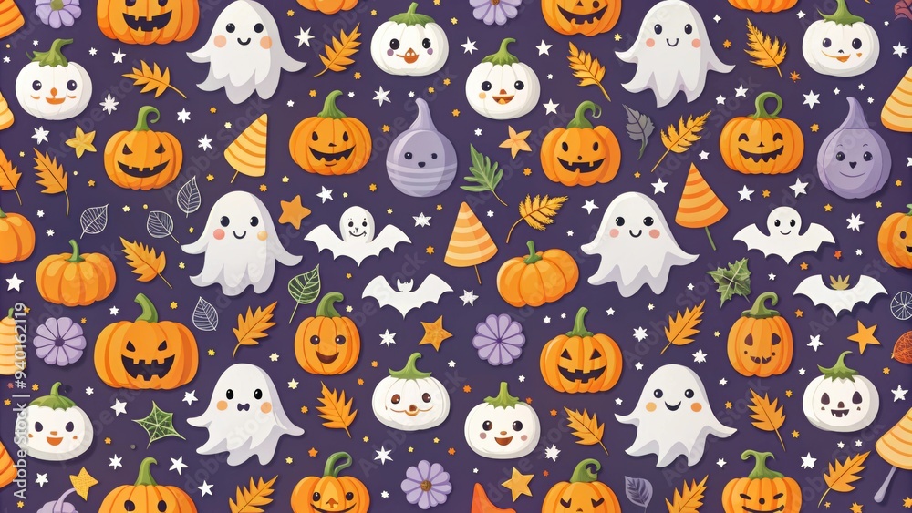 Seamless Halloween pattern with cute ghost, pumpkins, and bats, Halloween, seamless, pattern, ghost, pumpkins, bats Seamless Halloween pattern with cute ghost, pumpkins, and bats, Halloween, seamless, pattern, ghost, pumpkins, bats