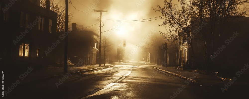 Mysterious fog-covered street with a glowing light, creating an eerie yet captivating atmosphere for a dramatic scene. Mysterious fog-covered street with a glowing light, creating an eerie yet captivating atmosphere for a dramatic scene.