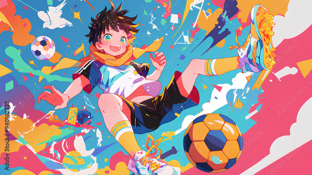 a boy who plays football, anime style, cute kawaii, simple, smiling happy, neon psychedelic background a boy who plays football, anime style, cute kawaii, simple, smiling happy, neon psychedelic background