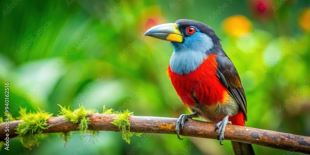 Vibrant image of a Comp?s Toucan Barbet perched on a tree branch in a tropical rainforest , tropical, wildlife Vibrant image of a Comp?s Toucan Barbet perched on a tree branch in a tropical rainforest , tropical, wildlife