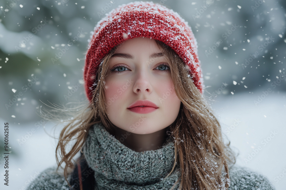Woman with blue eyes wearing red knitted cap on winter snowy background. Woman with blue eyes wearing red knitted cap on winter snowy background.