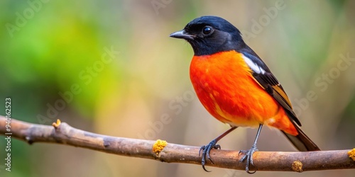 Vibrant orange and black bird with rufous throat perched on a tree branch