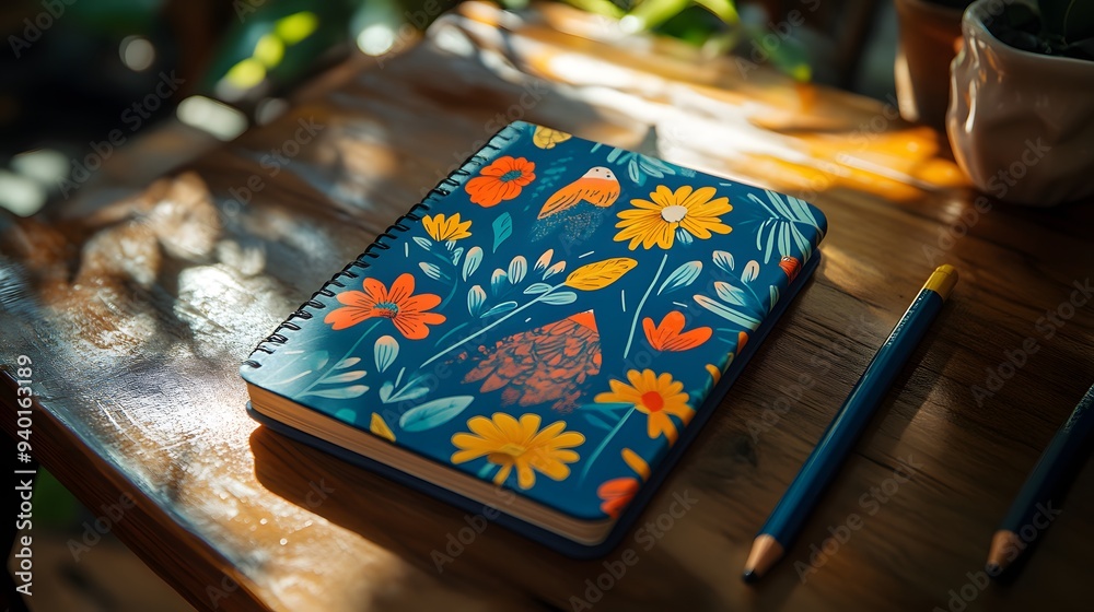 Fototapeta premium Colorful Notebook with Pencils on Wooden Table.