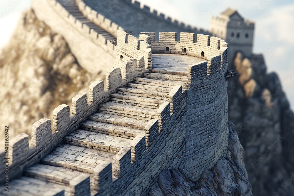 Fototapeta premium Ancient stone castle perched atop a mountain in Asia, a historic landmark for travelers seeking to explore ancient architecture and religion