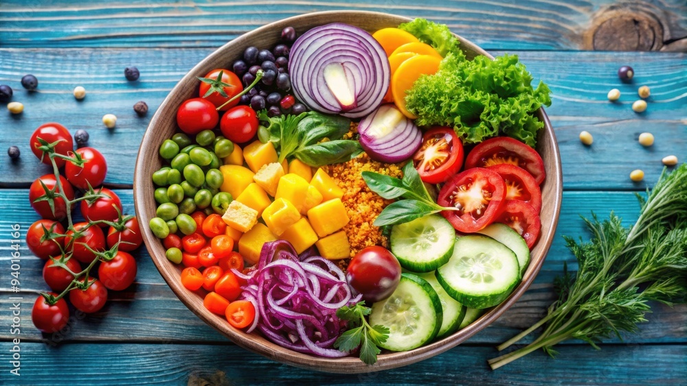 Vibrant salad bowl filled with an array of colorful and fresh ingredients, healthy, fresh, vibrant, colorful, nutritious, organic Vibrant salad bowl filled with an array of colorful and fresh ingredients, healthy, fresh, vibrant, colorful, nutritious, organic