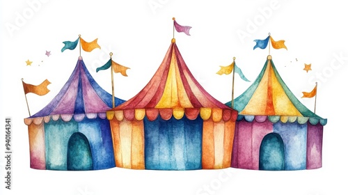 A colorful watercolor circus scene, isolated on white background 