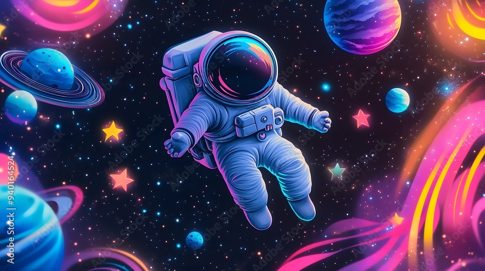 Astronaut Floating in Space with Neon Planets and Stars. Astronaut Floating in Space with Neon Planets and Stars.