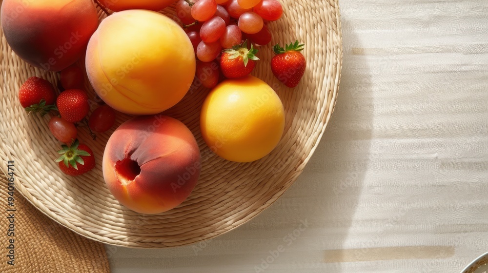 Summer Fruit Basket on a White Tablecloth