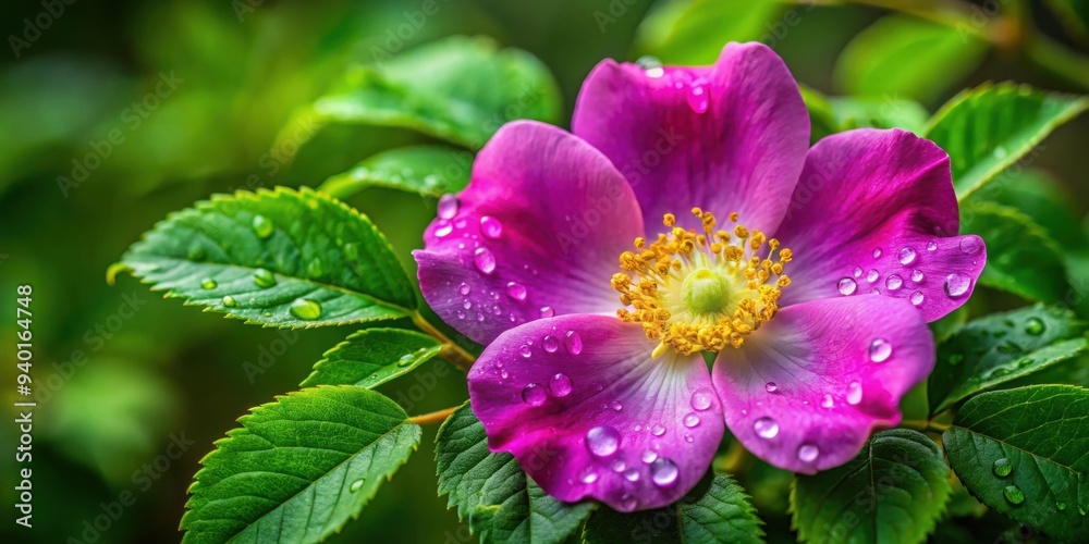 Closeup of a vibrant purple dog rose with raindrops on its petals and lush green leaves , flower, nature, beauty, plant Closeup of a vibrant purple dog rose with raindrops on its petals and lush green leaves , flower, nature, beauty, plant