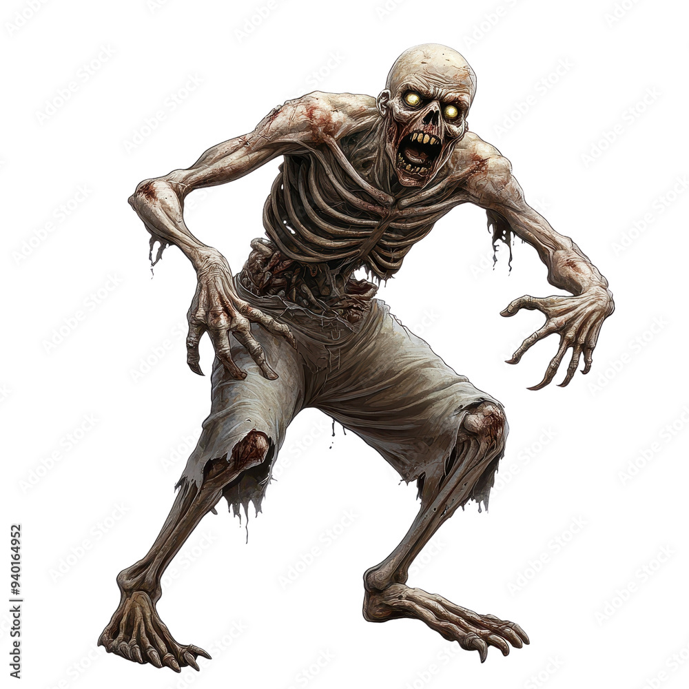 A creepy zombie figure with glowing eyes, showcasing intricate details and a haunting presence, perfect for horror themes. A creepy zombie figure with glowing eyes, showcasing intricate details and a haunting presence, perfect for horror themes.