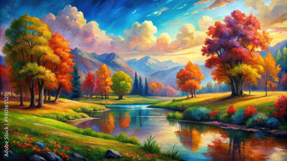 Vibrant landscape painting created with oil paints , nature, scenery, palette knife, fine art, textured, outdoor Vibrant landscape painting created with oil paints , nature, scenery, palette knife, fine art, textured, outdoor