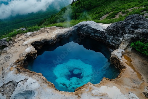 A hot spring near a geyser, where the natural wonder regularly shoots steam and water into the air