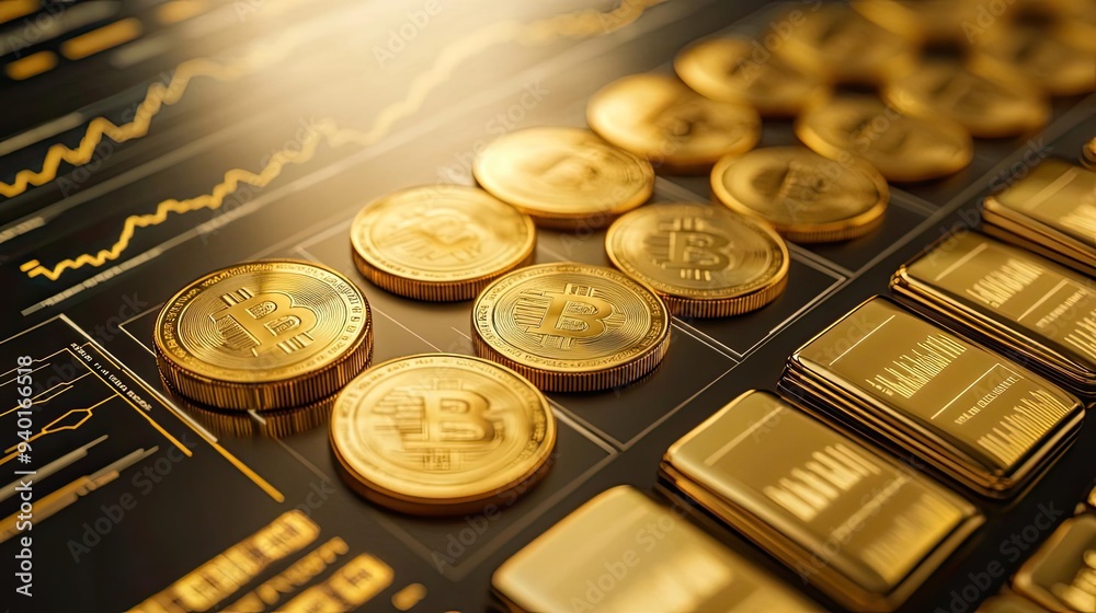 Golden coins and bars symbolize wealth and investment opportunities in cryptocurrency and precious metals markets. Golden coins and bars symbolize wealth and investment opportunities in cryptocurrency and precious metals markets.