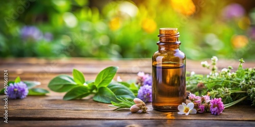 Aromatherapy essential oils bottle on a wooden table , relaxation, natural, wellness, spa