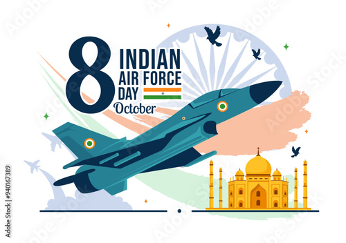 Indian Air Force Day Vector Illustration on 8th October, featuring a Waving Flag, Armed Forces, and Fighter Jet in a National Holiday Flat Background