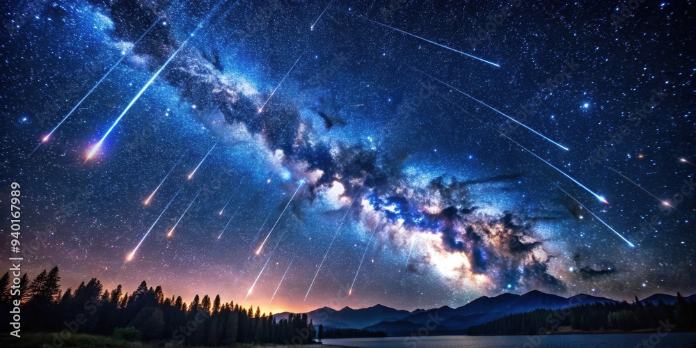 Fototapeta premium Mesmerizing long exposure of shooting stars in a starry night sky with visible trails, celestial