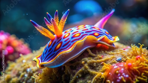 Colorful nudibranch crawling on a rock in California, marine life, underwater, colorful, vibrant