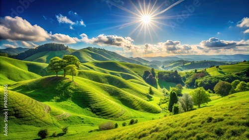 A scenic view of a lush green hill on a sunny day , landscape, nature, outdoors, grassy, hilltop, countryside, beauty