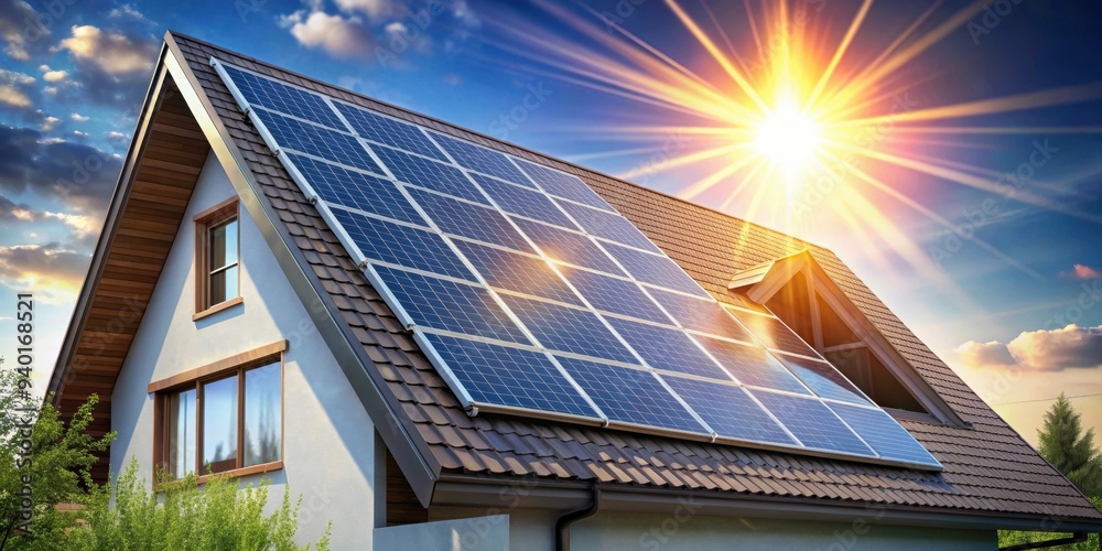 Solar panels on a sleek gable roof of a modern house with rays of sun ...