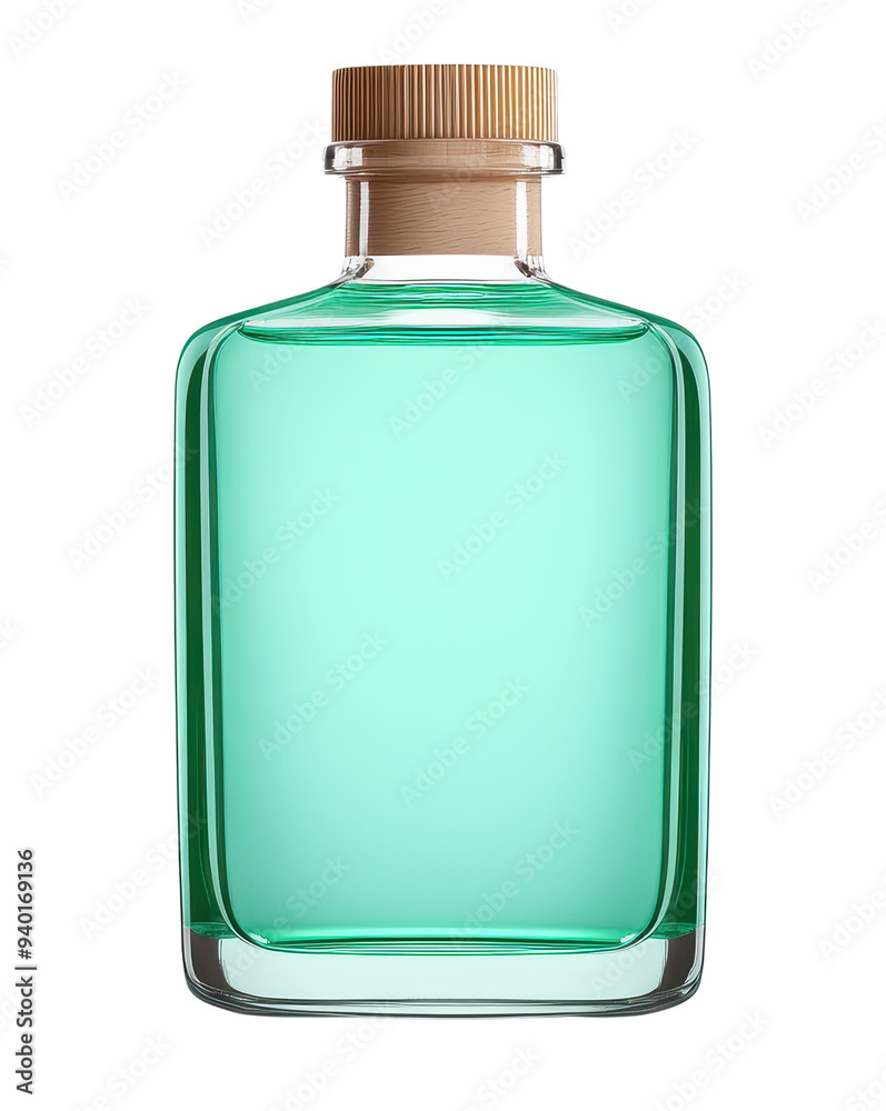 A stylish glass bottle with a wooden cap, filled with vibrant turquoise liquid, perfect for showcasing beauty or wellness products.