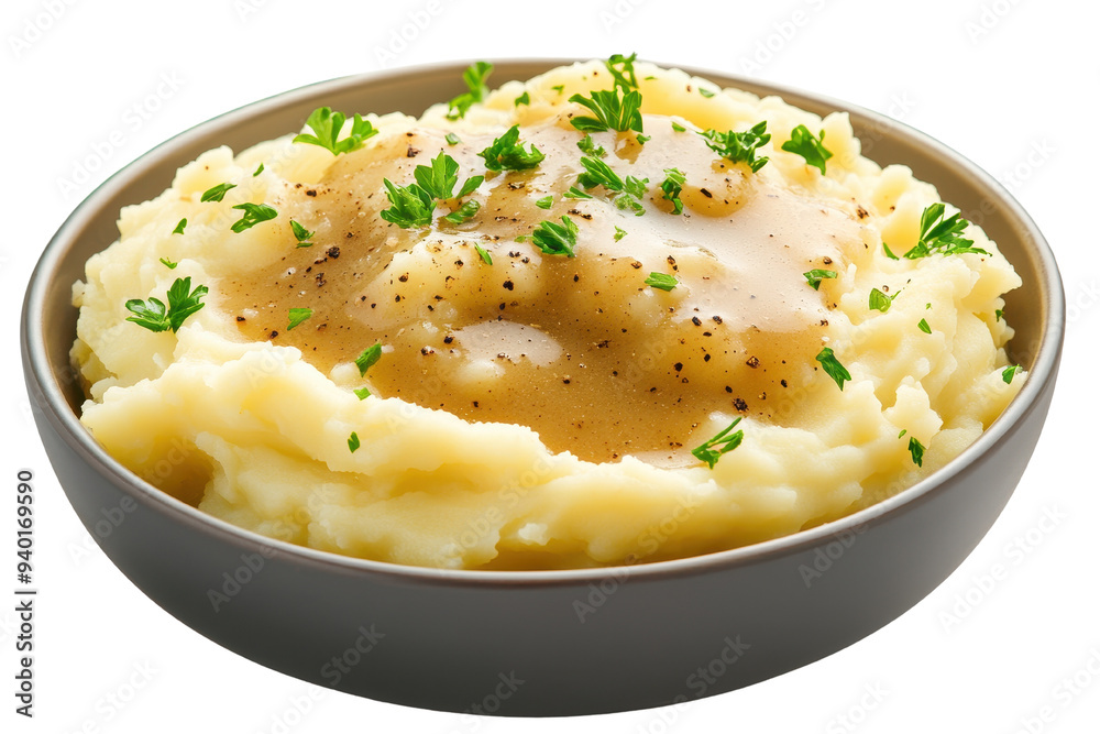 Creamy mashed potato served in a bowl, topped with savory gravy and garnished with fresh parsley for a delicious meal. Creamy mashed potato served in a bowl, topped with savory gravy and garnished with fresh parsley for a delicious meal.