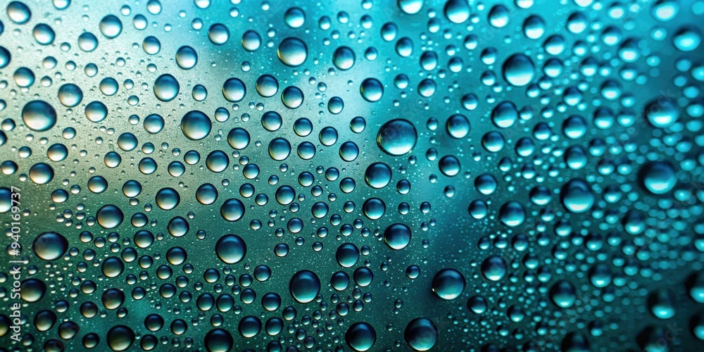 Water droplets on a glass surface with blurred blue-green background, water droplets, glass surface Water droplets on a glass surface with blurred blue-green background, water droplets, glass surface