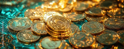 Shimmering gold coins scattered on a colorful background, symbolizing wealth, prosperity, and financial abundance.