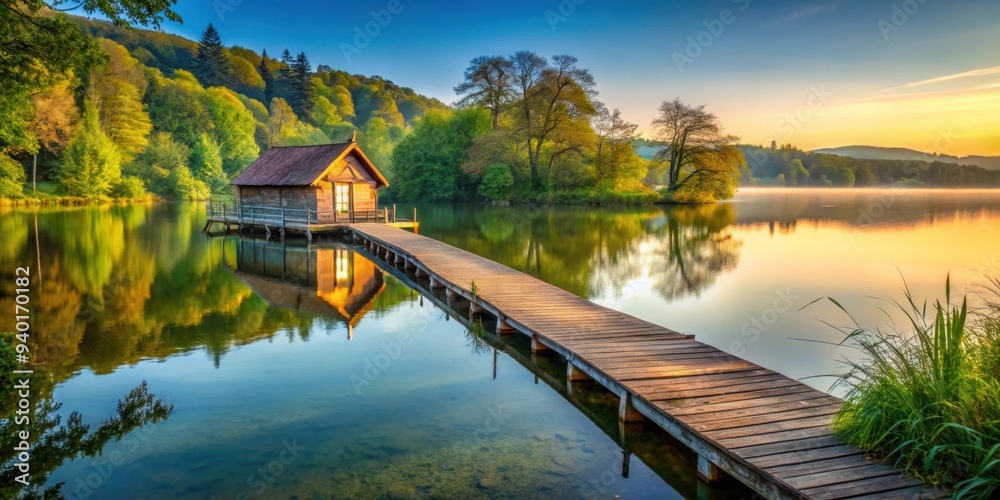 Fototapeta premium Tranquil lake with charming cottage, jetty on the shore, scenic, peaceful, cottage, lake, jetty, tranquil, serene, water