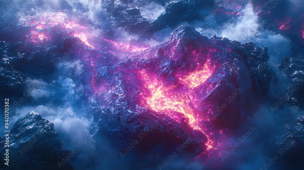 A stunning aerial view of glowing lava flowing through rocky terrain, surrounded by clouds and vibrant colors of nature. A stunning aerial view of glowing lava flowing through rocky terrain, surrounded by clouds and vibrant colors of nature.